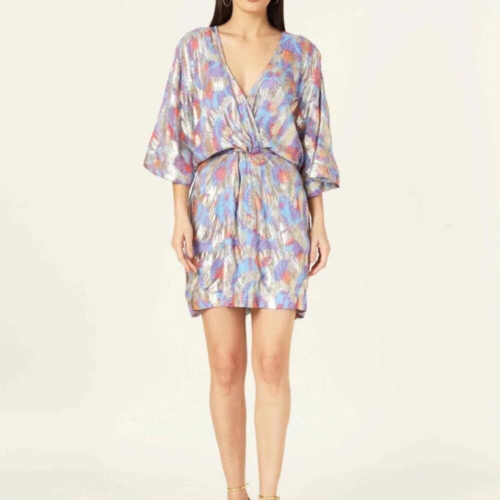 NWT Womens Omika Margot Elyse Taro Blue Gold Multicolor V-Neck Mini Dress M